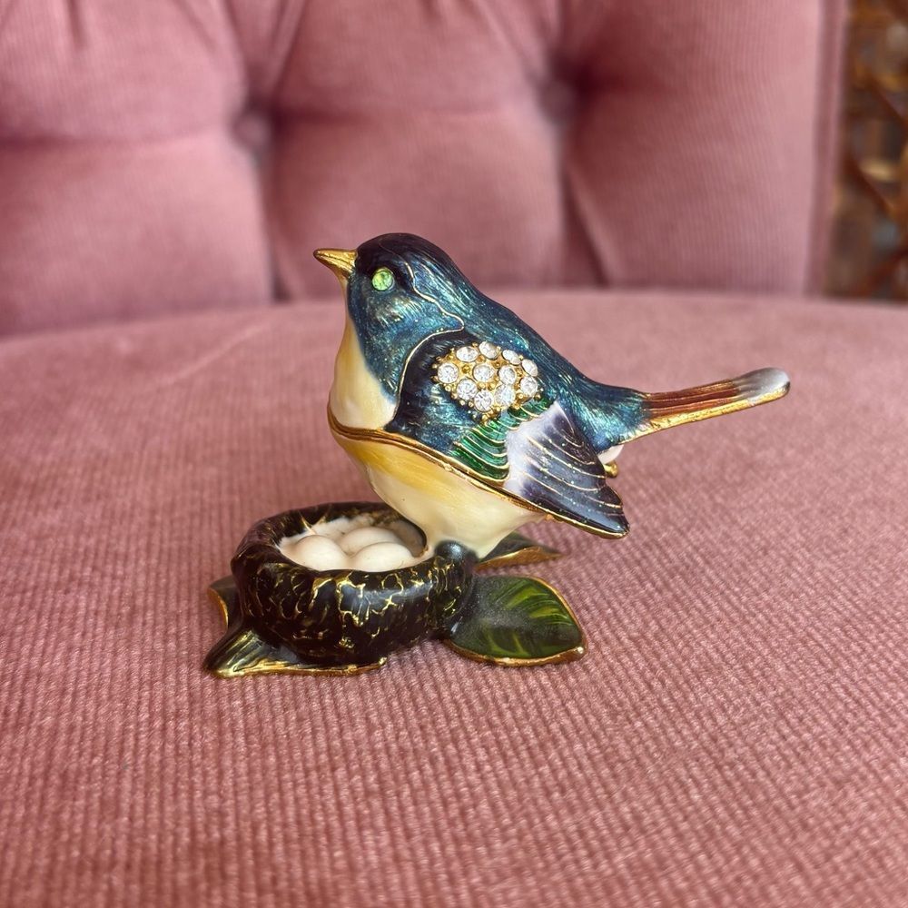 Jeweled Bird on Nest Trinket Box | Rhinestone Enamel Hinged Keepsake